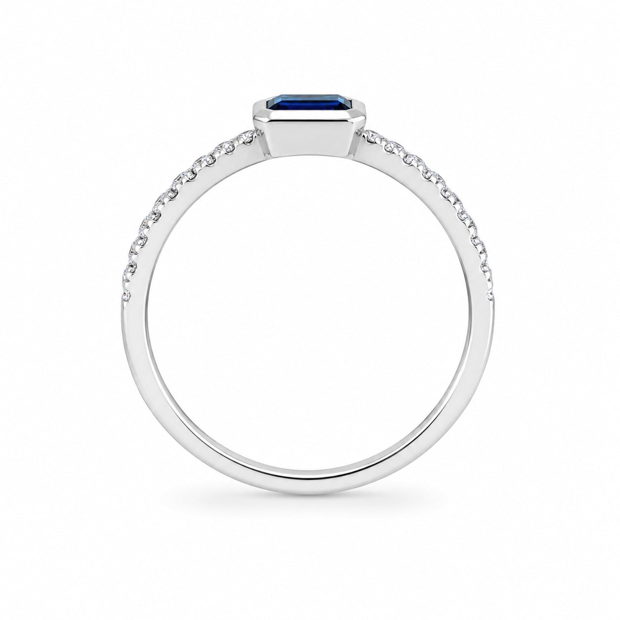 14k White Gold Rectangle Bezel LG Diamonds & LG Sapphire Ring