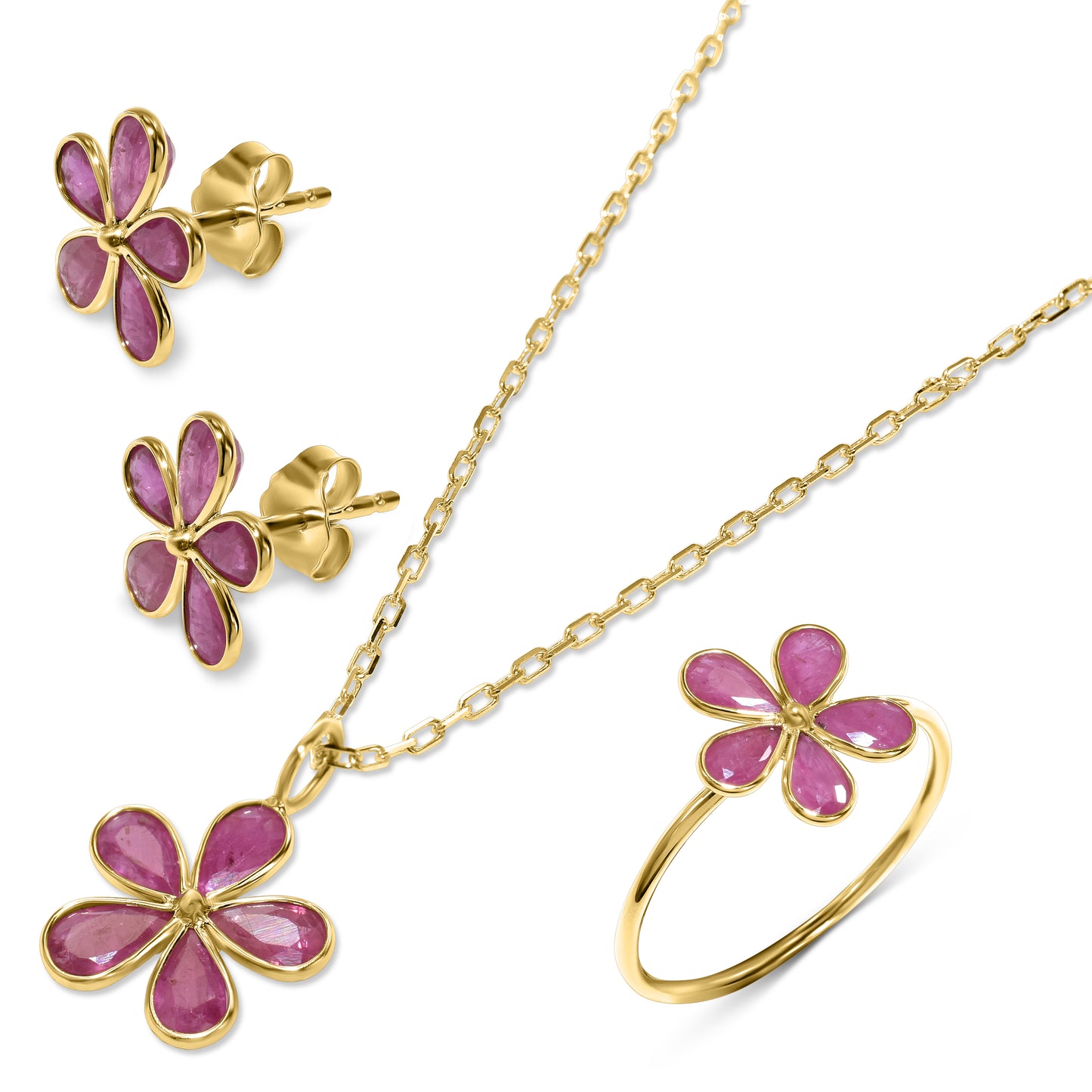 14k Flower Shape Emerald, Sapphire, Ruby Set