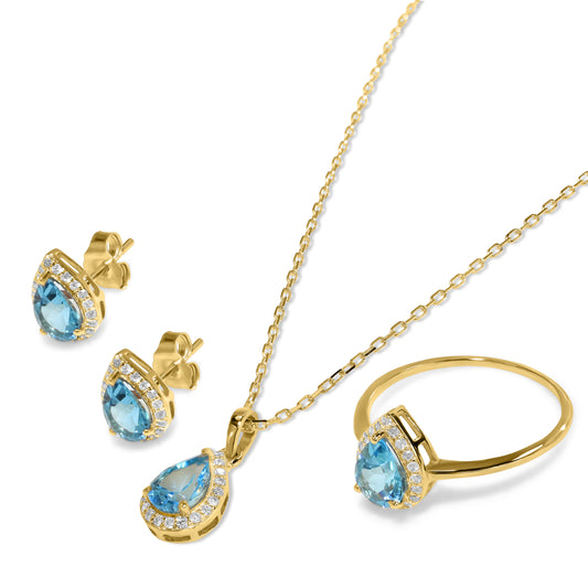 14k Blue Topaz Diamond Pear Shape Set