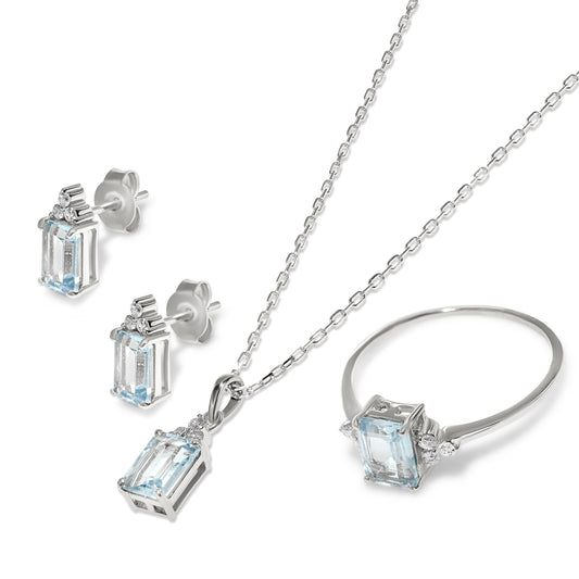 14k White Gold Aquamarine Diamond Rectangle Shape Set