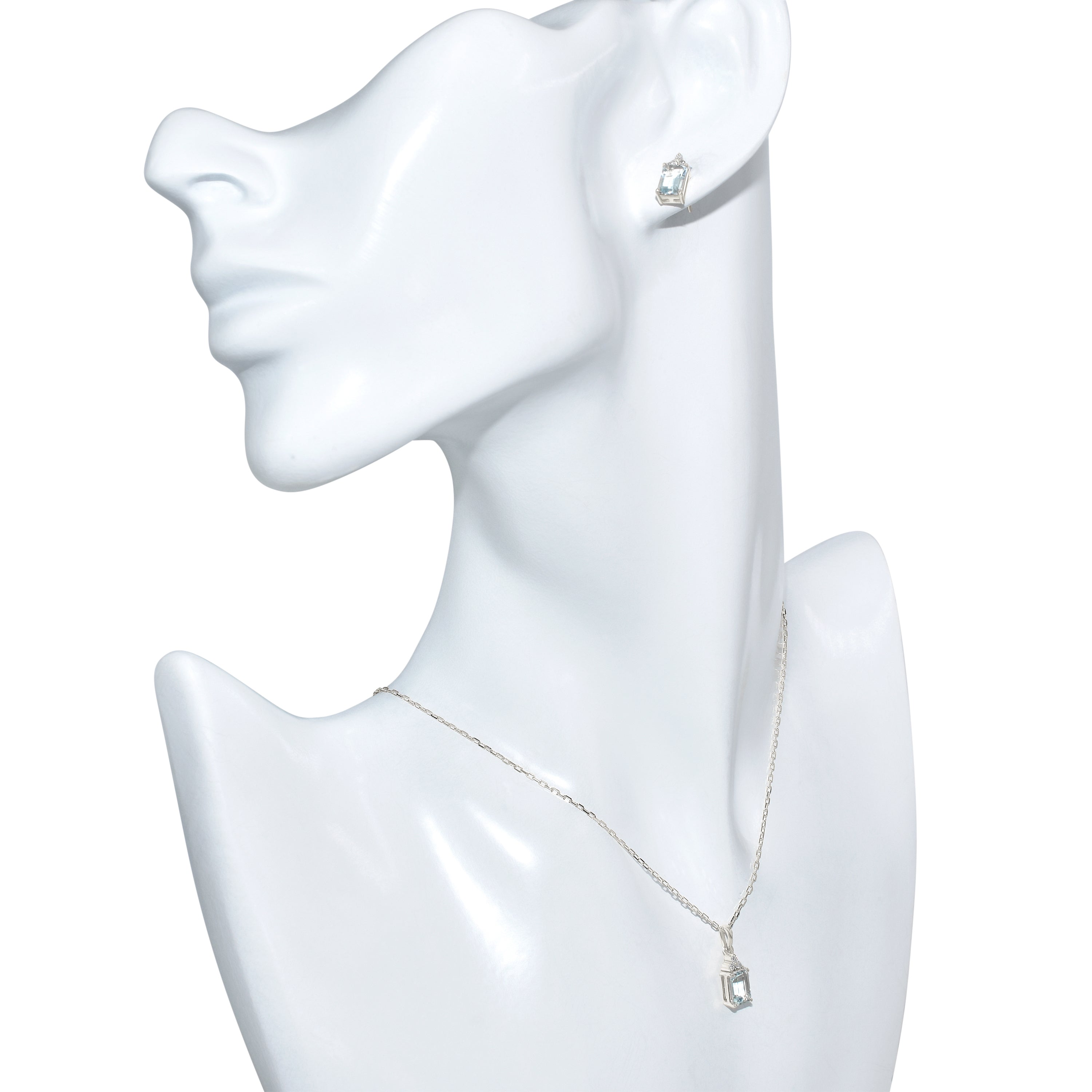 14k White Gold Aquamarine Diamond Rectangle Shape Set