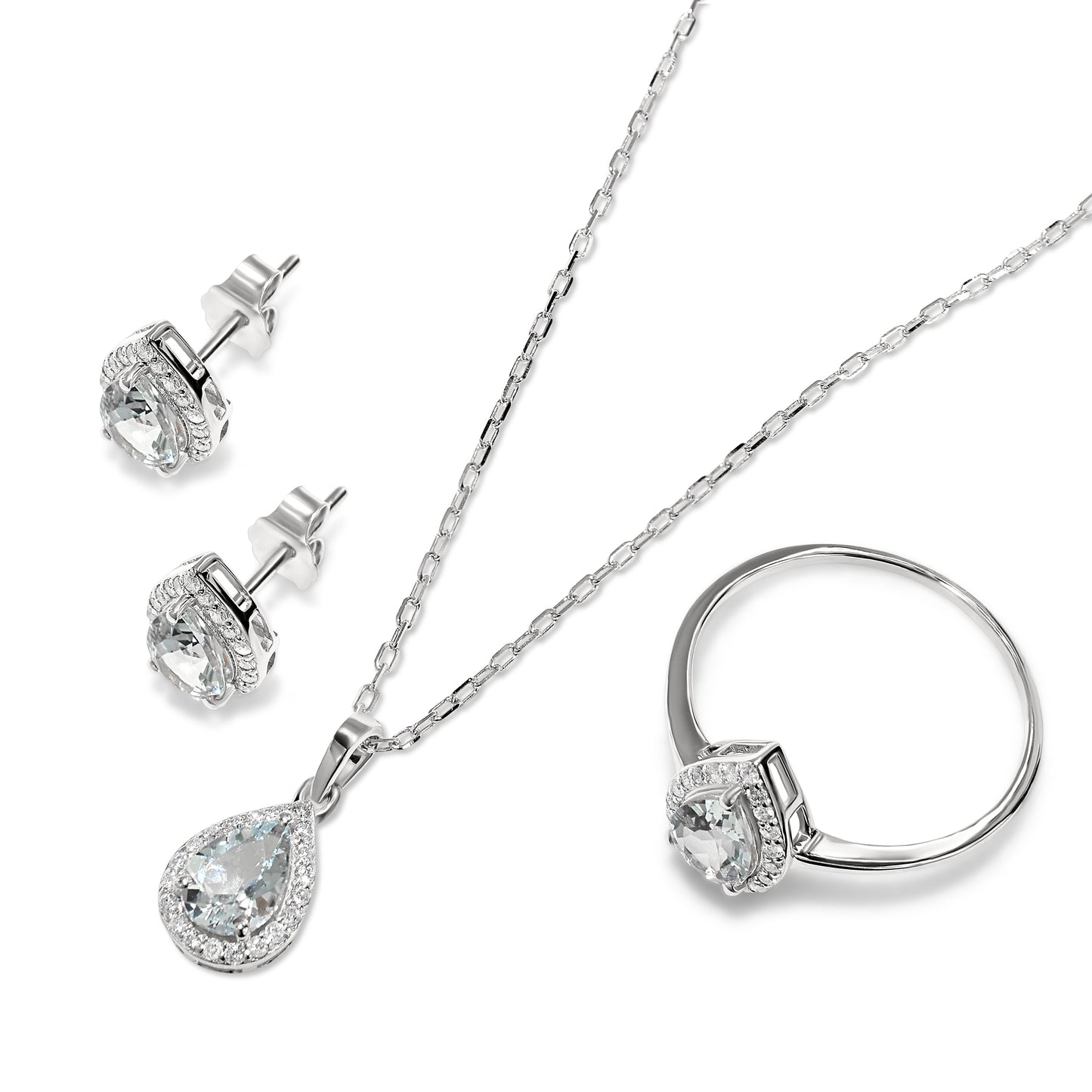 14k White Gold Aquamarine Diamond Pear Shape Set
