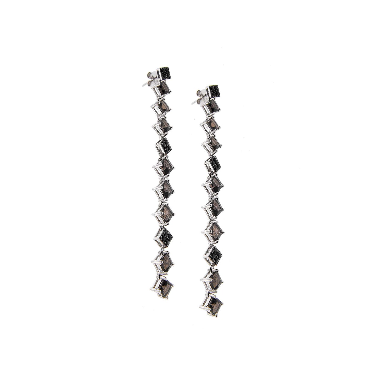 18k White Gold Black Sapphire Smoky Quartz Line Post Earring