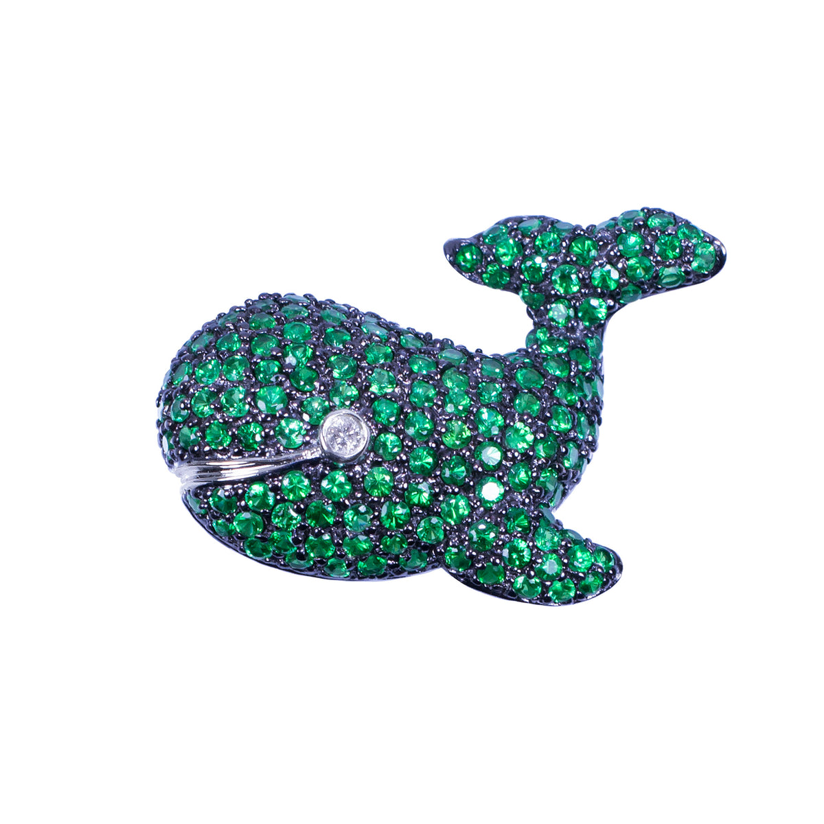 14k White Gold Pink/Blue Sapphire, Tsavorite & Diamond Whale Pin/Pendant