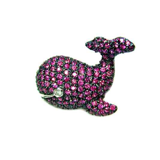 14k White Gold Pink/Blue Sapphire, Tsavorite, Diamond Whale Pin/Pendant