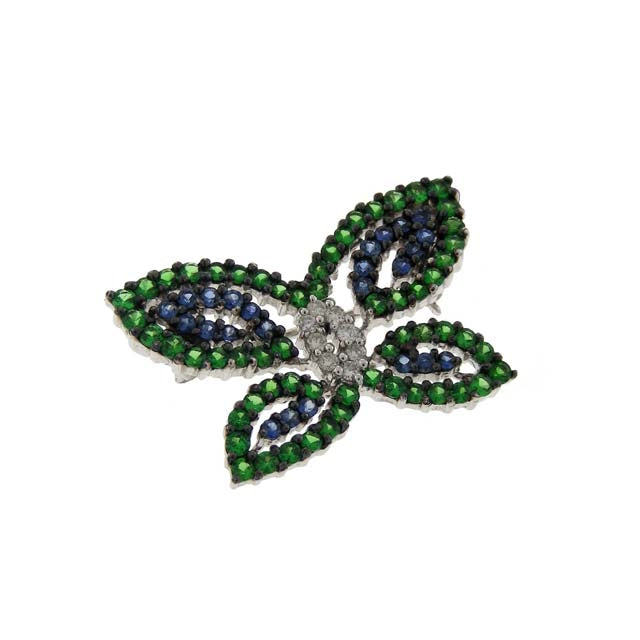 14k White Gold Pink, Blue Sapphire, Tsavorite with Diamond Butterfly Pin Pendant