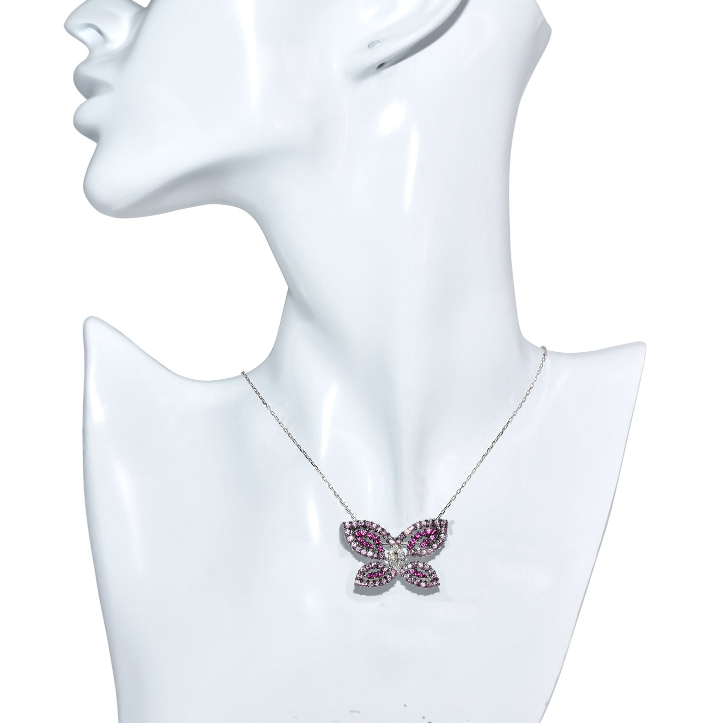 14k White Gold Pink Sapphire Diamond Butterfly Pin Pendant