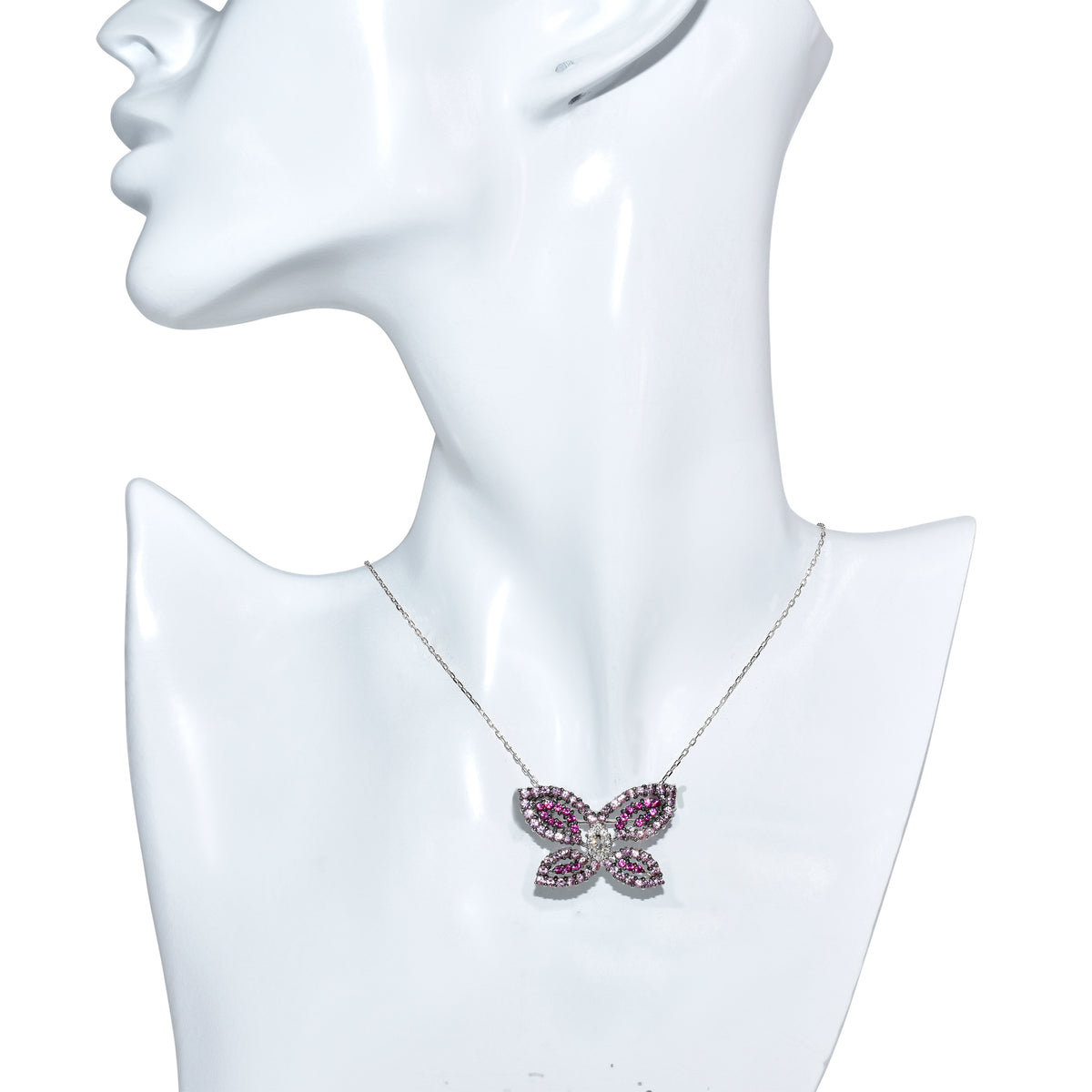14k White Gold Pink, Blue Sapphire, Tsavorite with Diamond Butterfly Pin Pendant