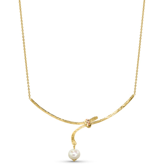 18K Freshwater Pearl Love Knot Motif Gold Necklace