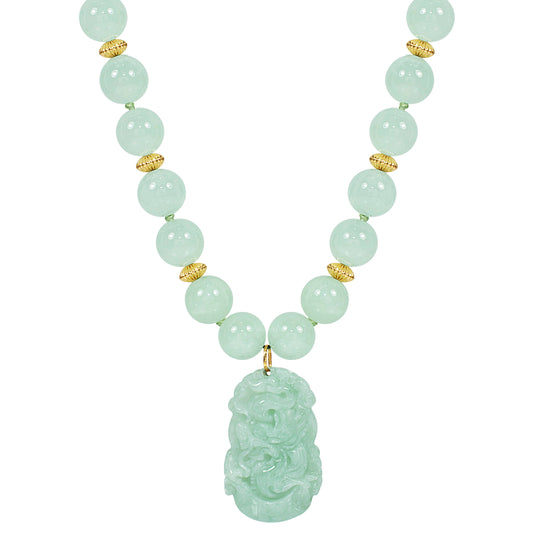 14k Prehnite Carved Jade Dragon Pendant Necklace