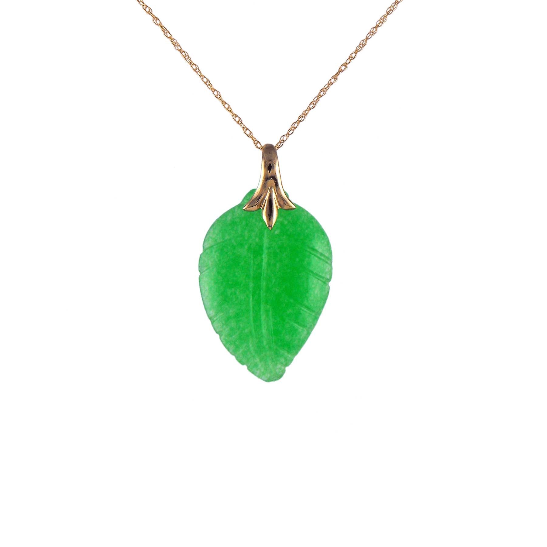 14k Green Jade Carved Leaf Pend Necklace 17" freeshipping - Jewelmak Shop