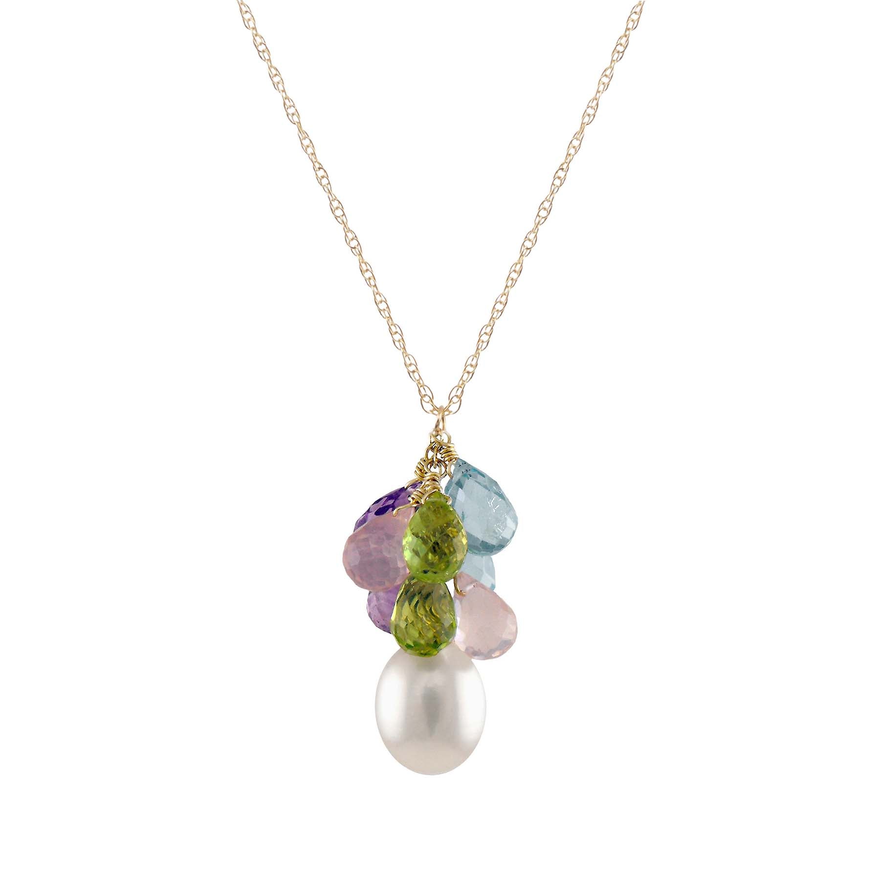 14k White Freshwater Pearl, Blue Topaz, Peridot, Rose Quartz and Amethyst Necklace 17"