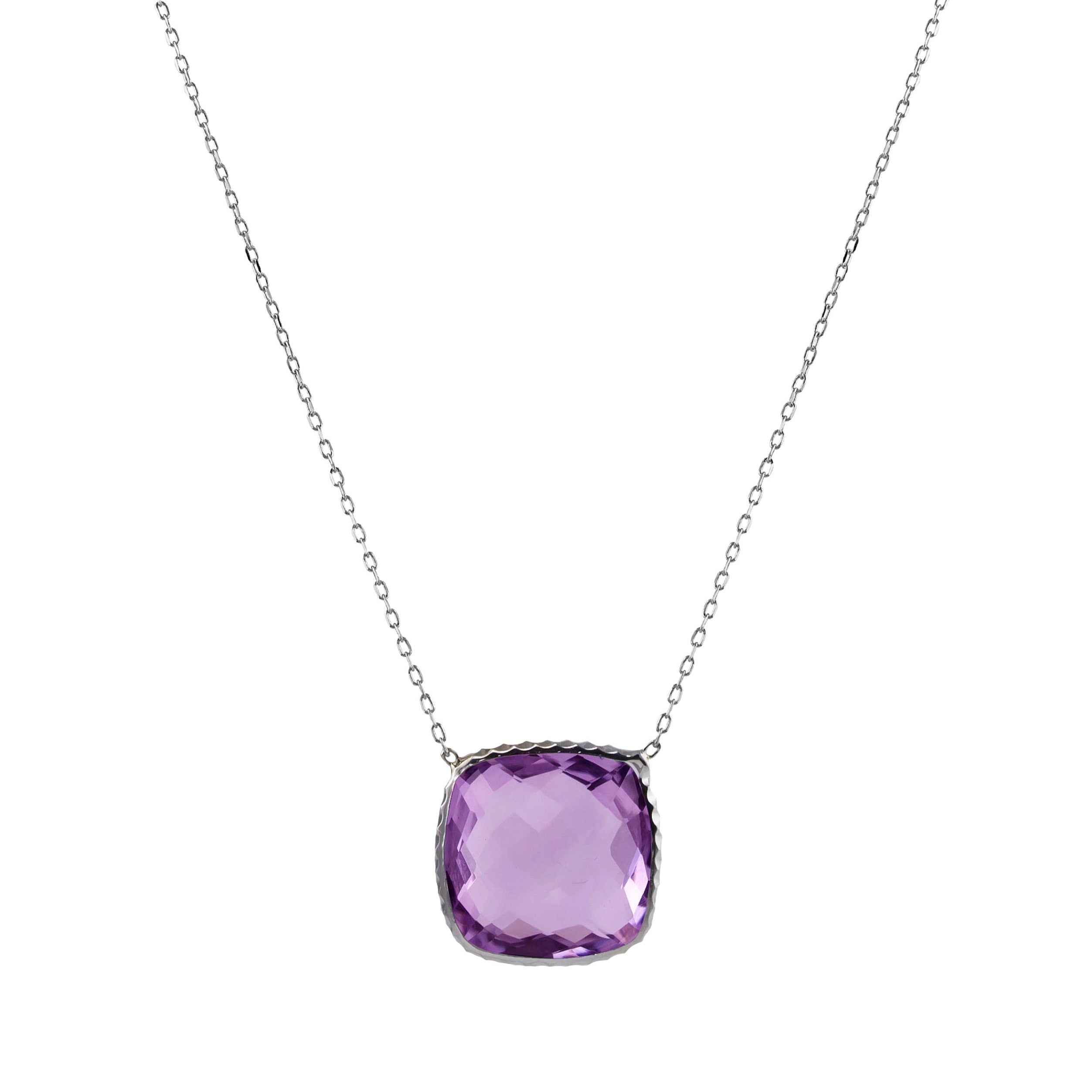 14k White Gold Cushion Bezel Pink Amethyst Necklace