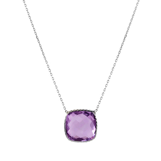 14k White Gold Cushion Bezel Pink Amethyst Necklace