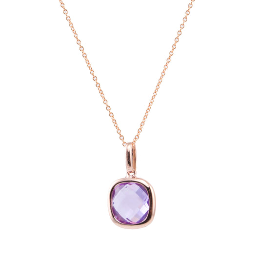 14k Rose Gold Amethyst Cushion Bezel Pendant Necklace