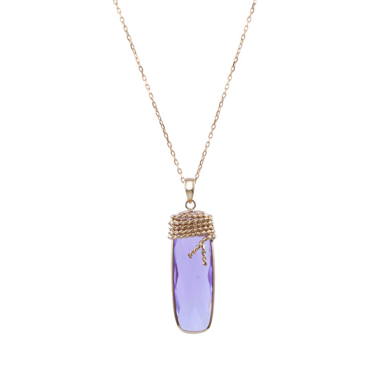 14k Amethyst Wire Wrapped Rectangle Pendant Necklace