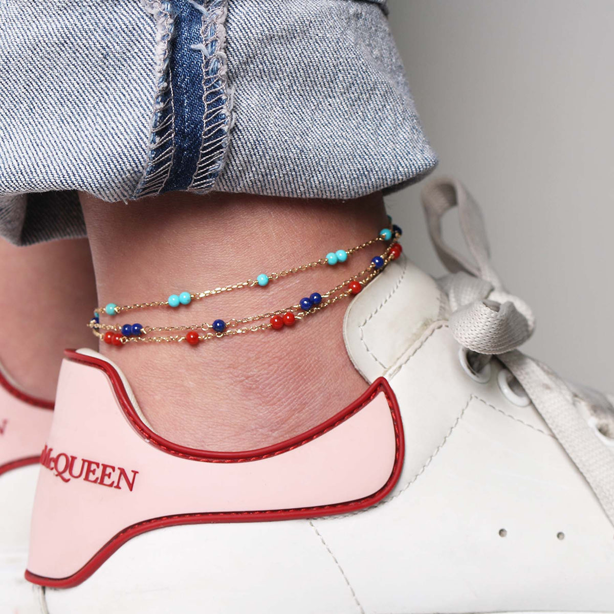 14k Gold Gemstone Station Anklet