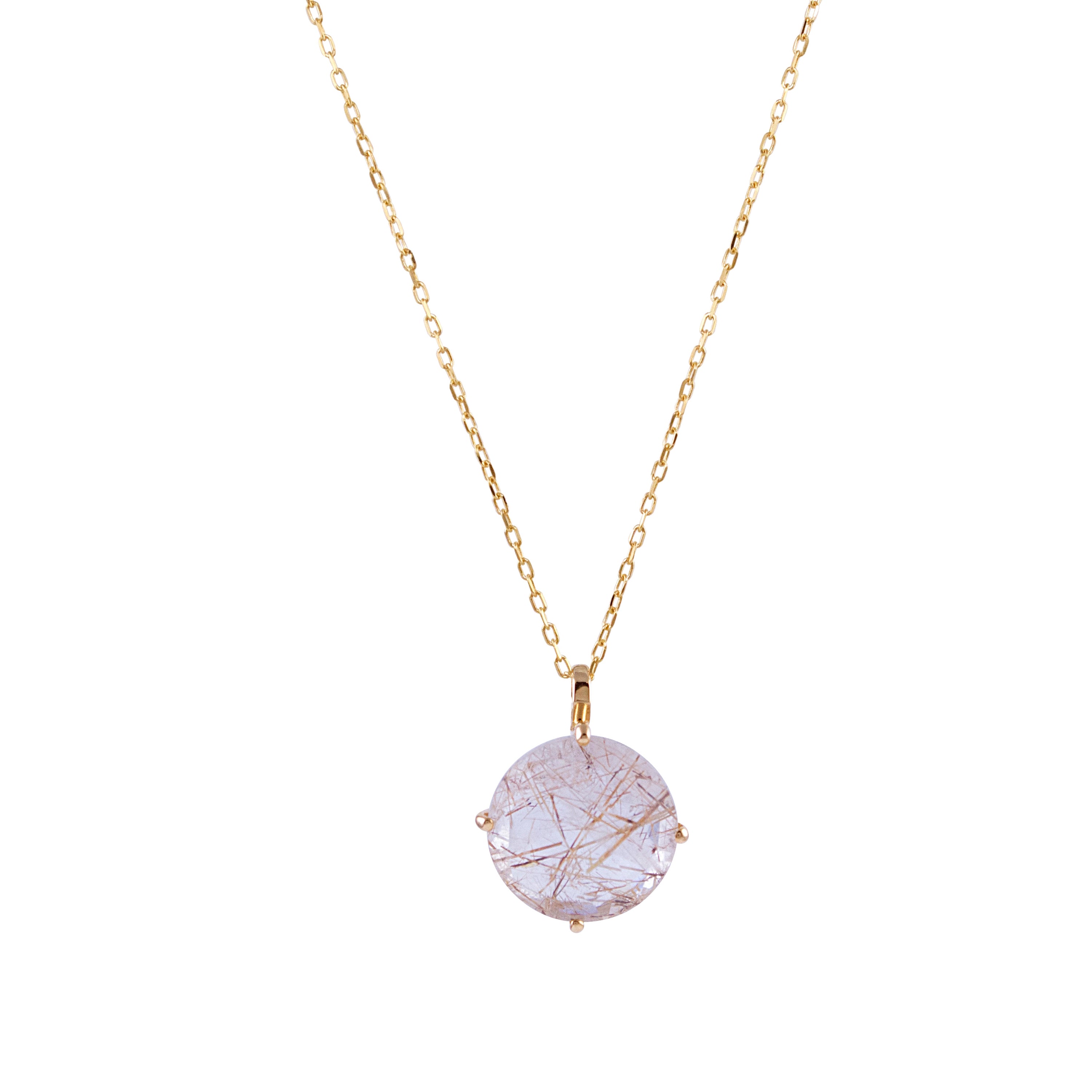 14k Rutilated Quartz Heavy 4 Prong Basket Round Pendant Necklace