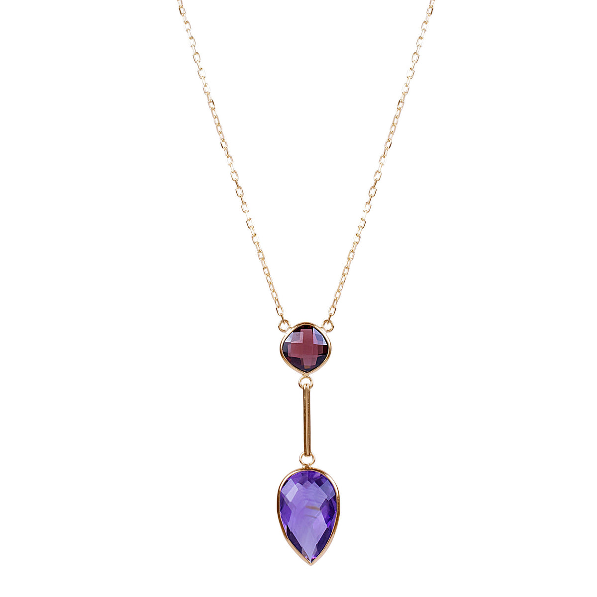 14k Garnet Amethyst Drop Bezel Gold Bar Necklace