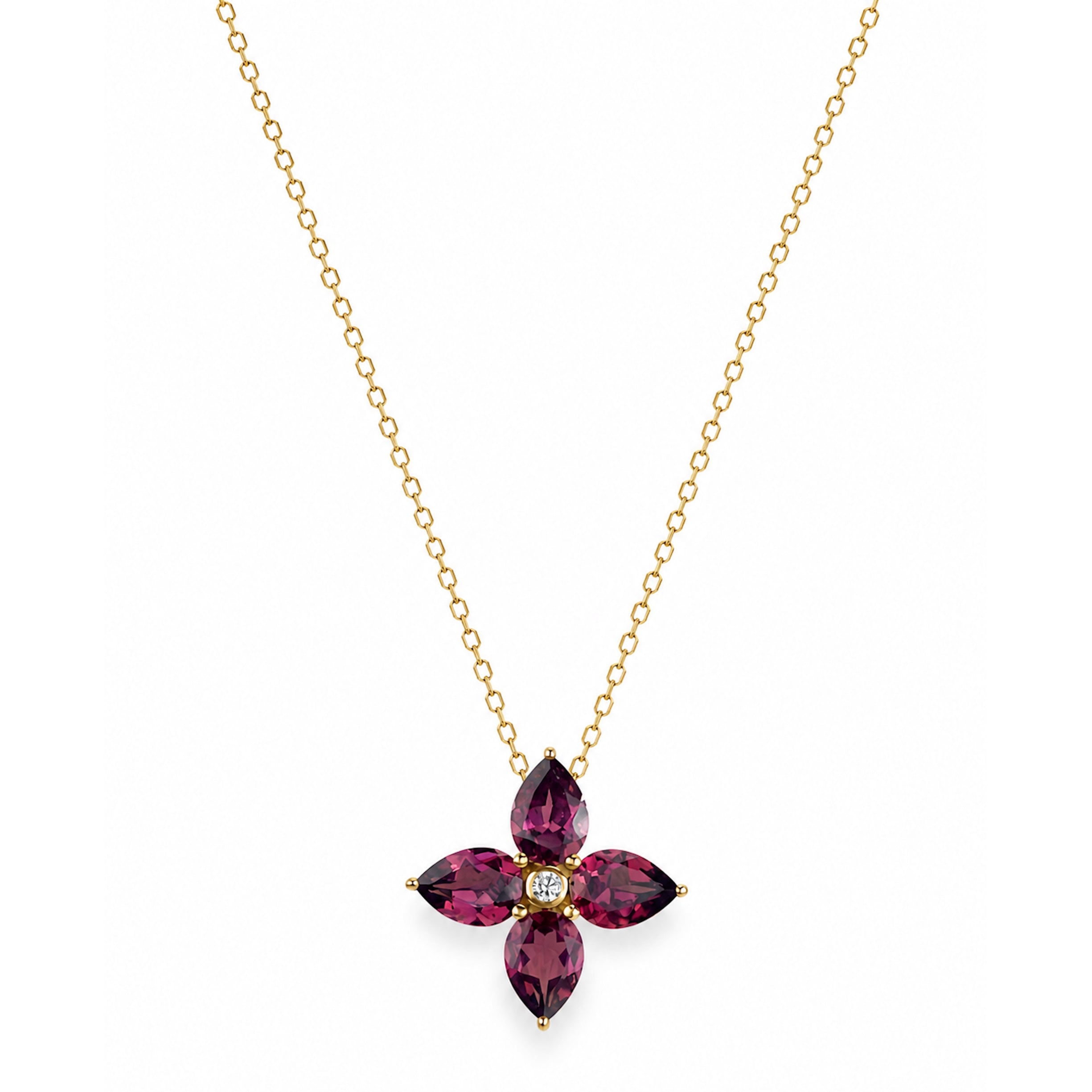 14k Rhodolite Garnet Diamond Flower Pendant Necklace