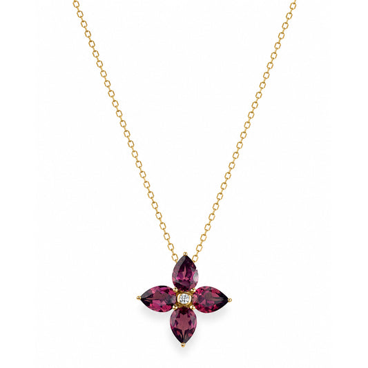 14k Rhodolite Garnet Diamond Flower Pendant Necklace
