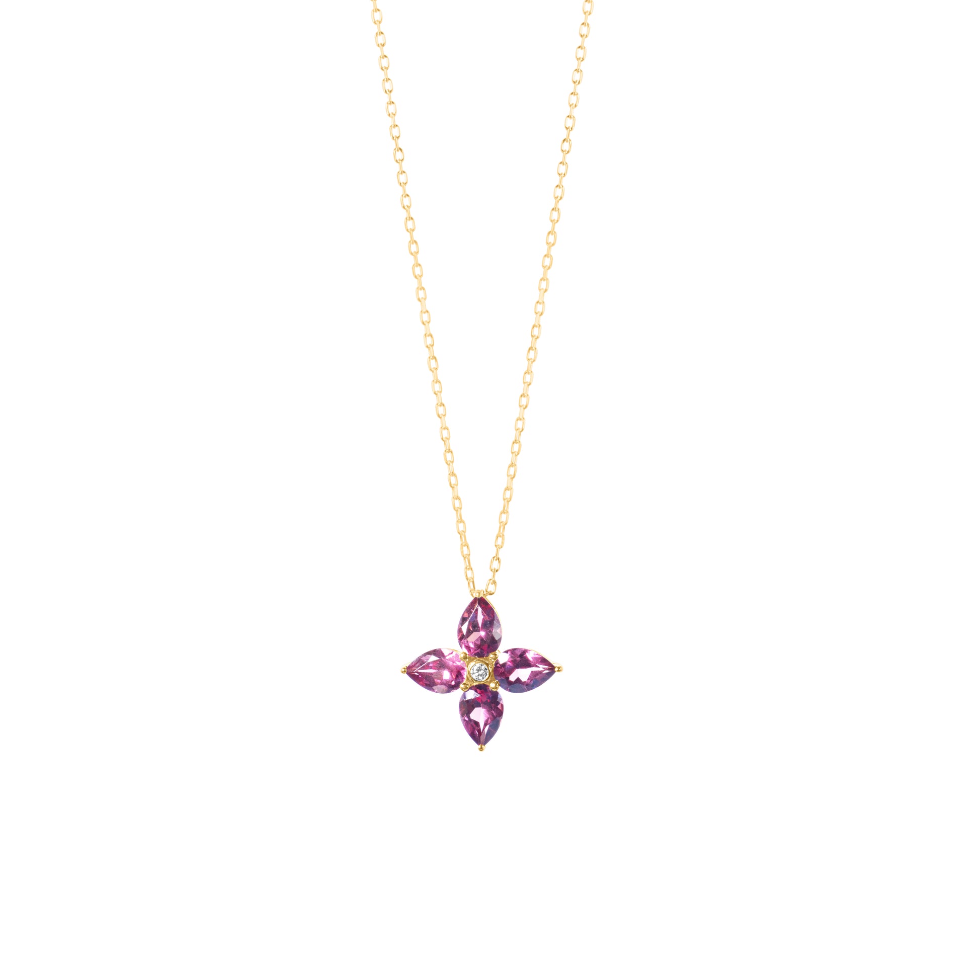 14k Rhodolite Garnet Diamond Flower Pendant Necklace 17"