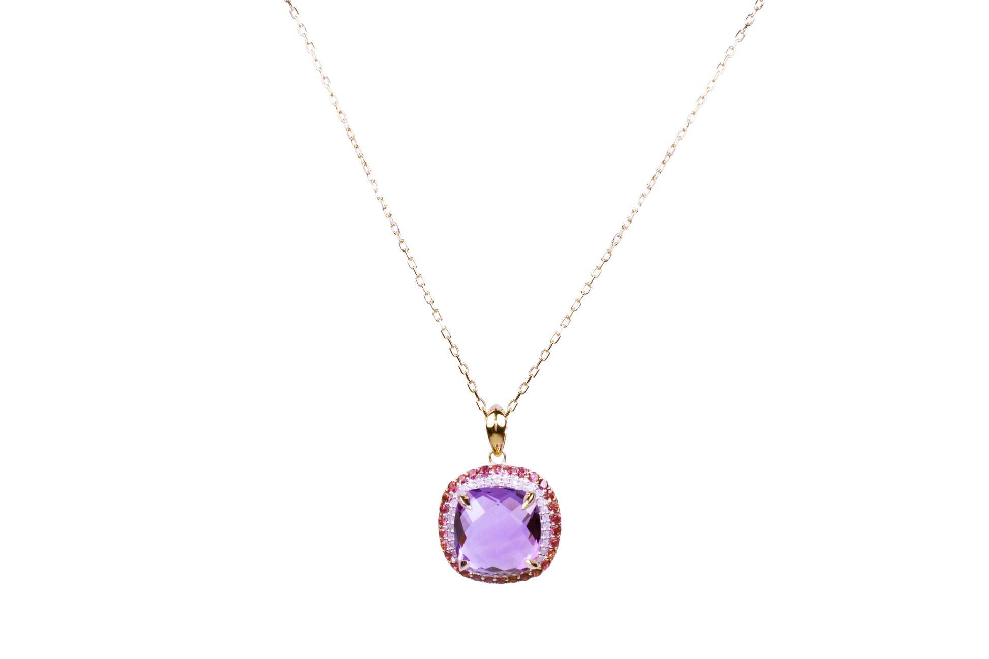 14k Amethyst, Pink Tourmaline, and Diamond Cushion Pendant Necklace 17"