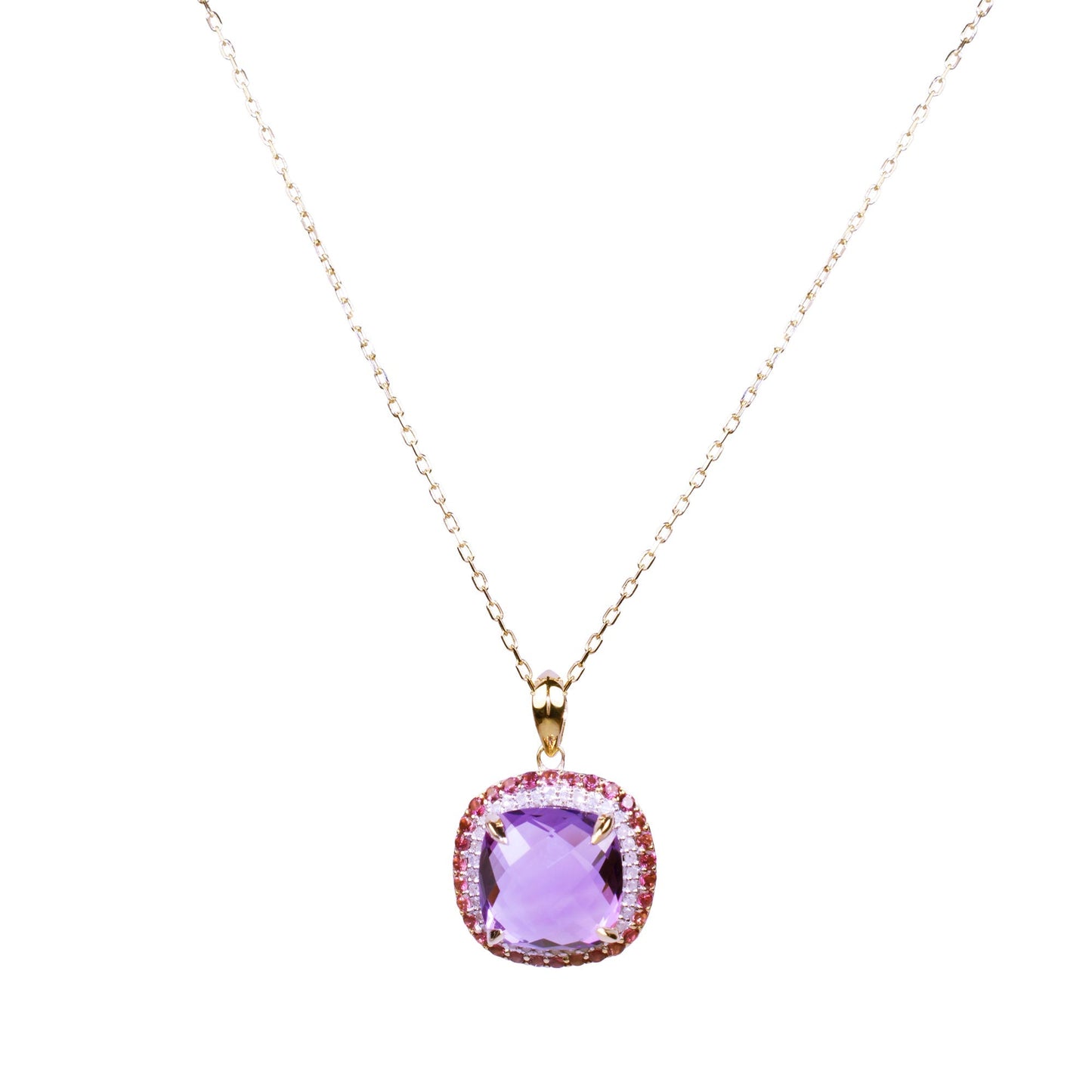 14k Amethyst, Pink Tourmaline, and Diamond Cushion Pendant Necklace 17"