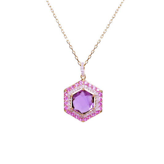 14k Amethyst Pink Sapphire Diamond Hexagon Pendant Necklace 17"