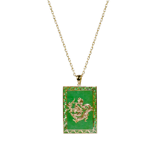 14k Dyed Green Jade Gold Dragon Rectangle Pendant Necklace 18"