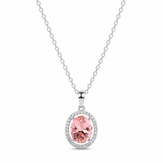 14k White Gold Morganite & Diamond Halo Pendant Necklace