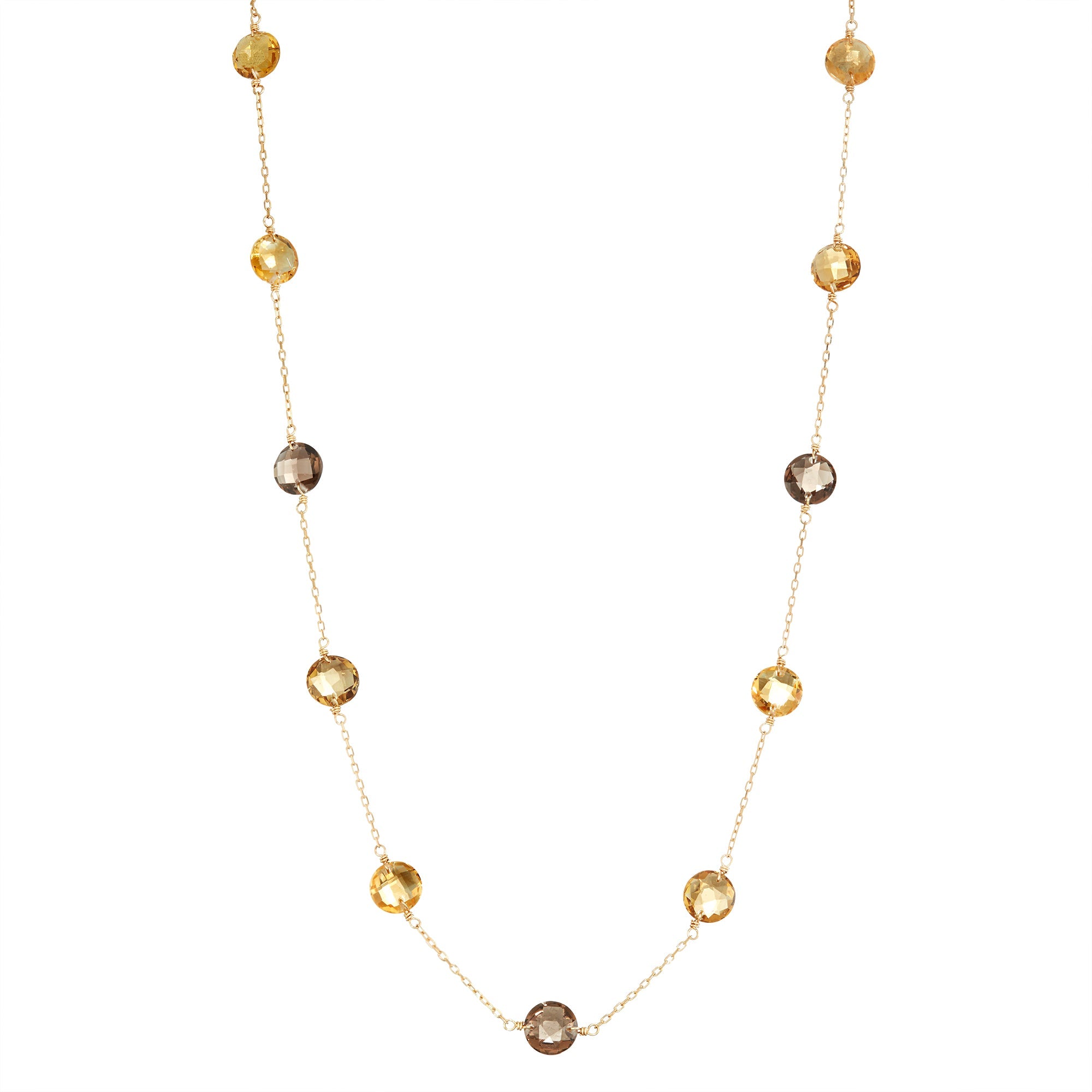 14k Citrine, Smoky Quartz, Whiskey Quartz Coin Chain Necklace 18"