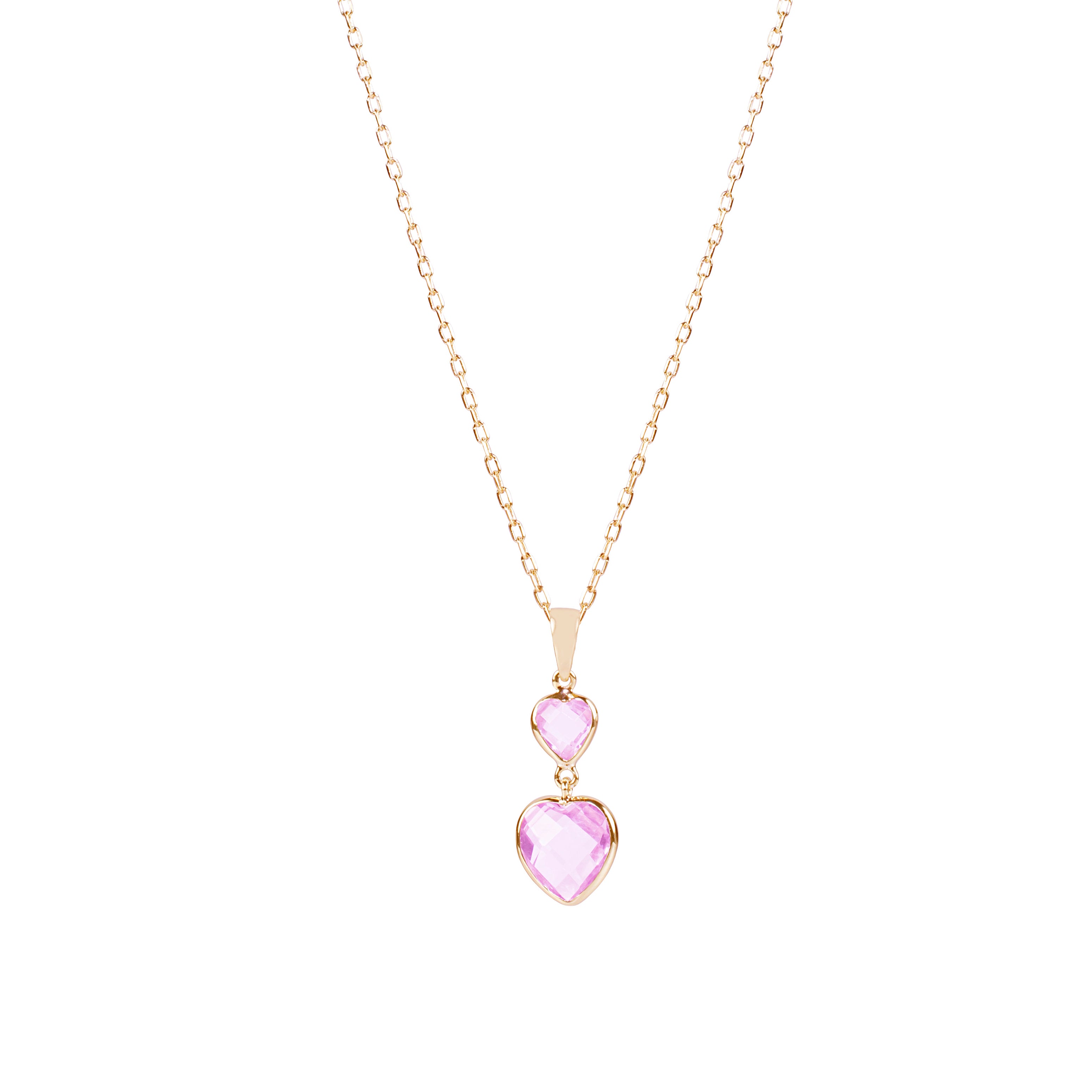14k Pink Amethyst Double Heart Bezel Set Pend Necklace