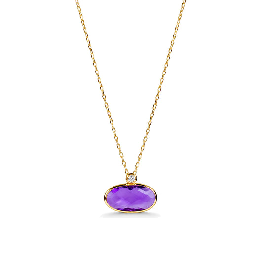 14k Amethyst Oval Bezel With Diamond Pendant Necklace