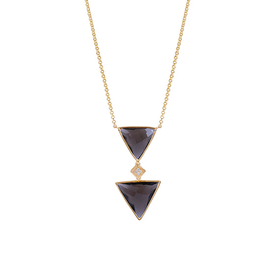 14k Smoky Quartz Double Triangle Bezel Diamond Pendant Necklace