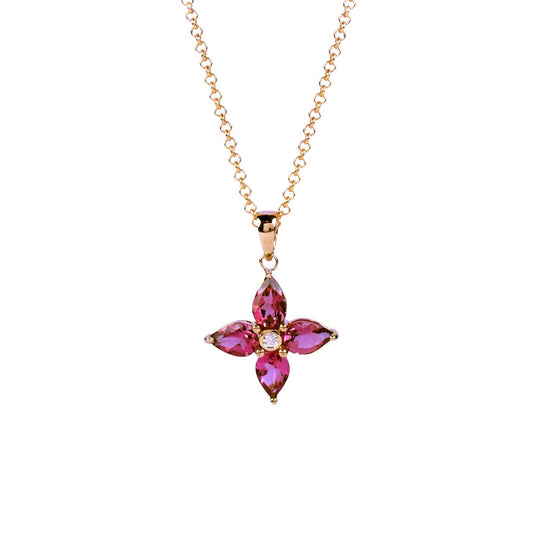 14k Pink Tourmaline Diamond Flower Pendant Necklace 17"