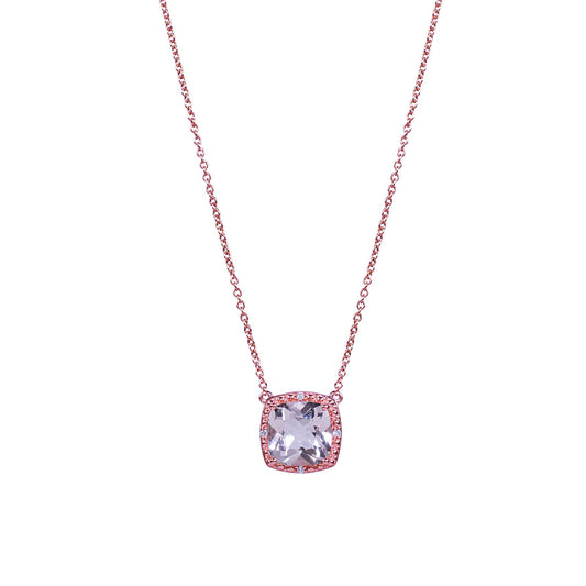 14k Rose Gold Morganite & Diamond Cushion Pendant W/Chain Necklace 17"