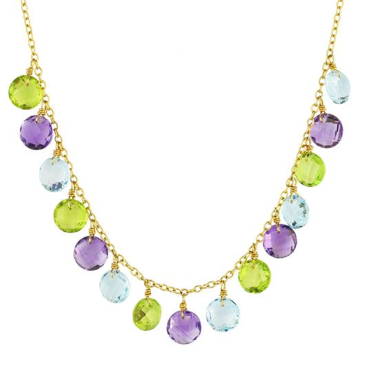 14k Peridot, Amethyst, and Sky Blue Topaz Coin Drop Necklace 17"