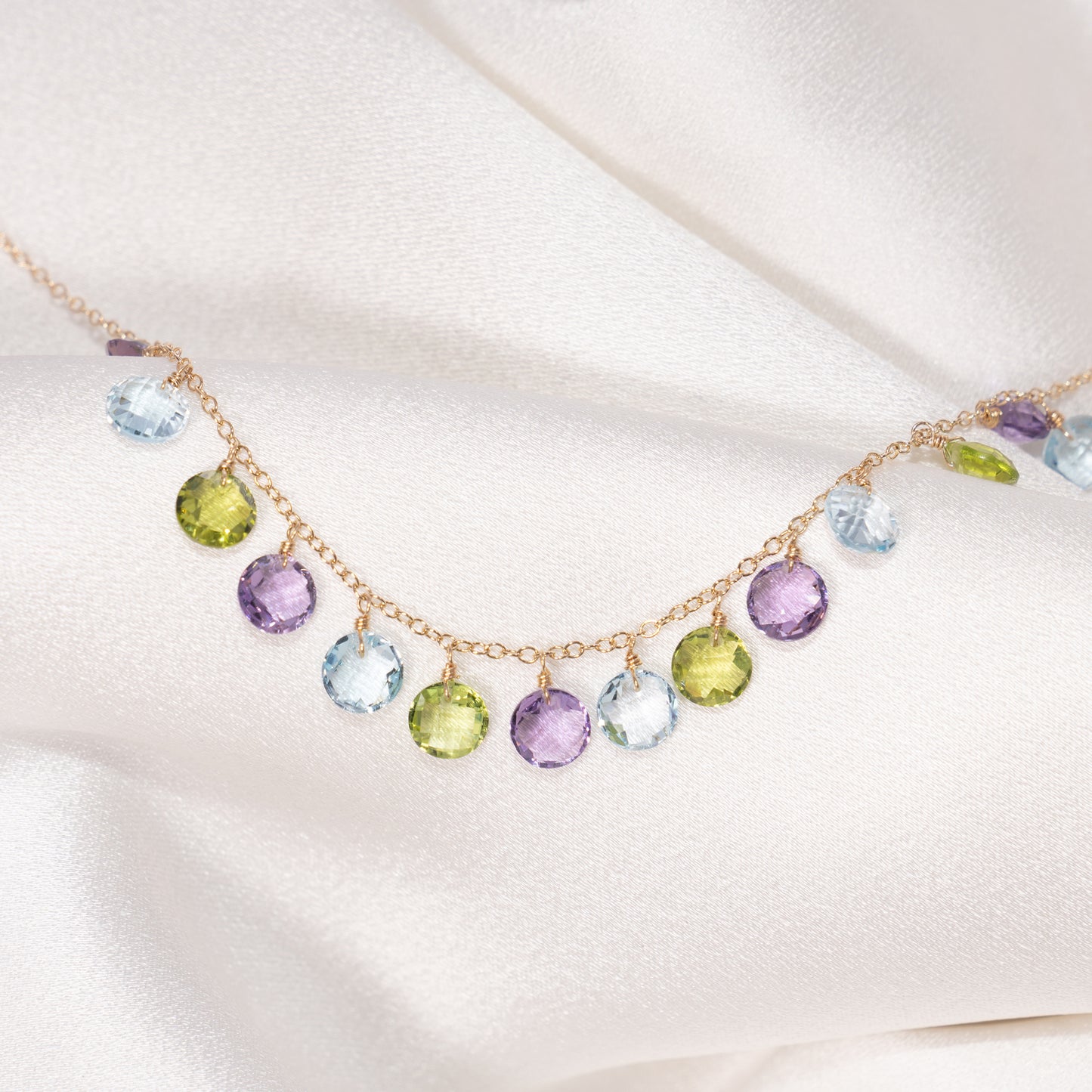 14k Peridot, Amethyst, and Sky Blue Topaz Coin Drop Necklace 17"
