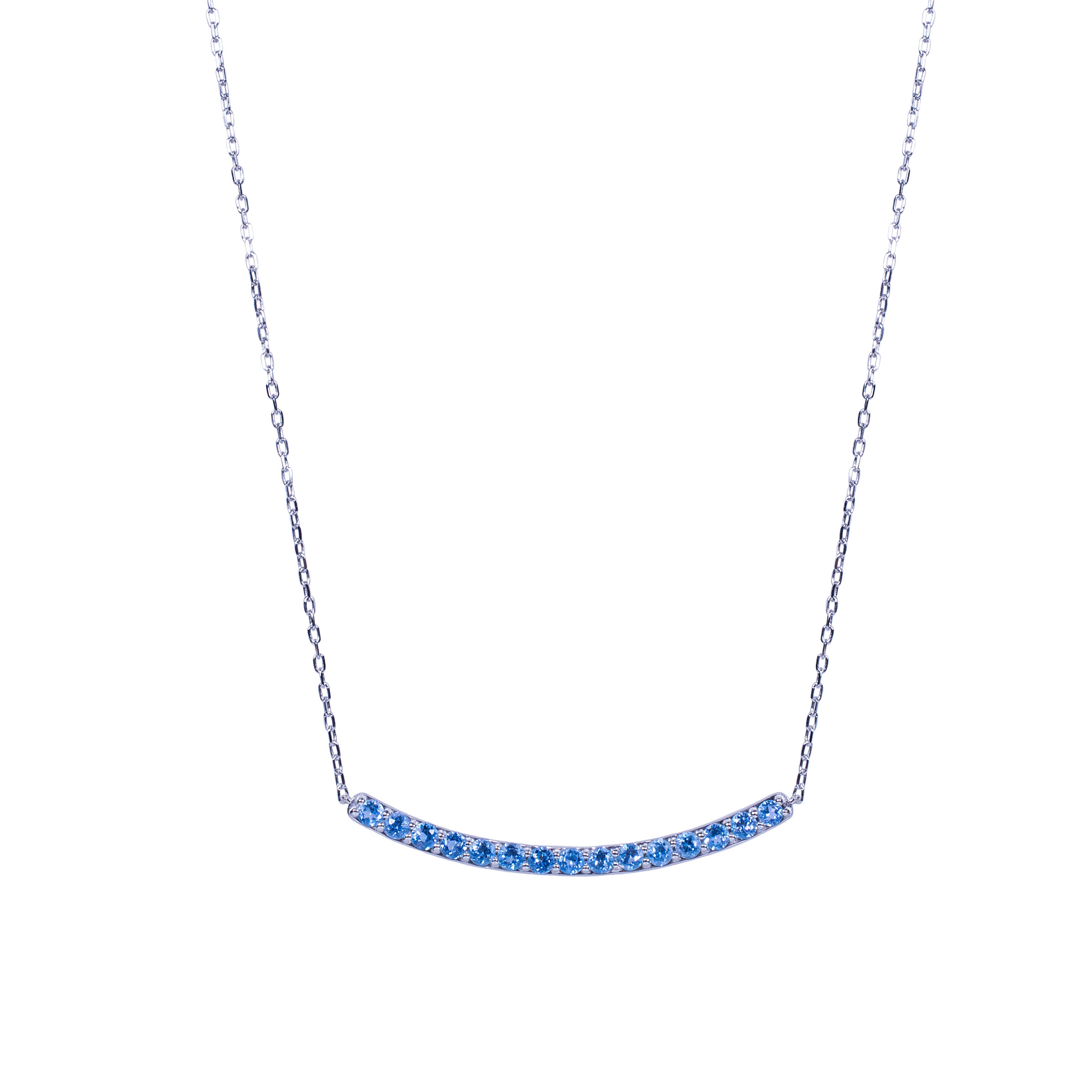 14k White Gold Swiss Blue Topaz Curved Bar Necklace