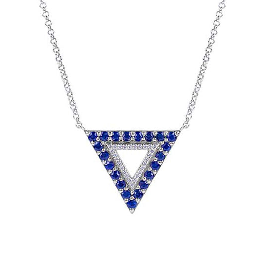 14k White Gold Blue Sapphire VS Diamonds Triangle Pendant Necklace 18"