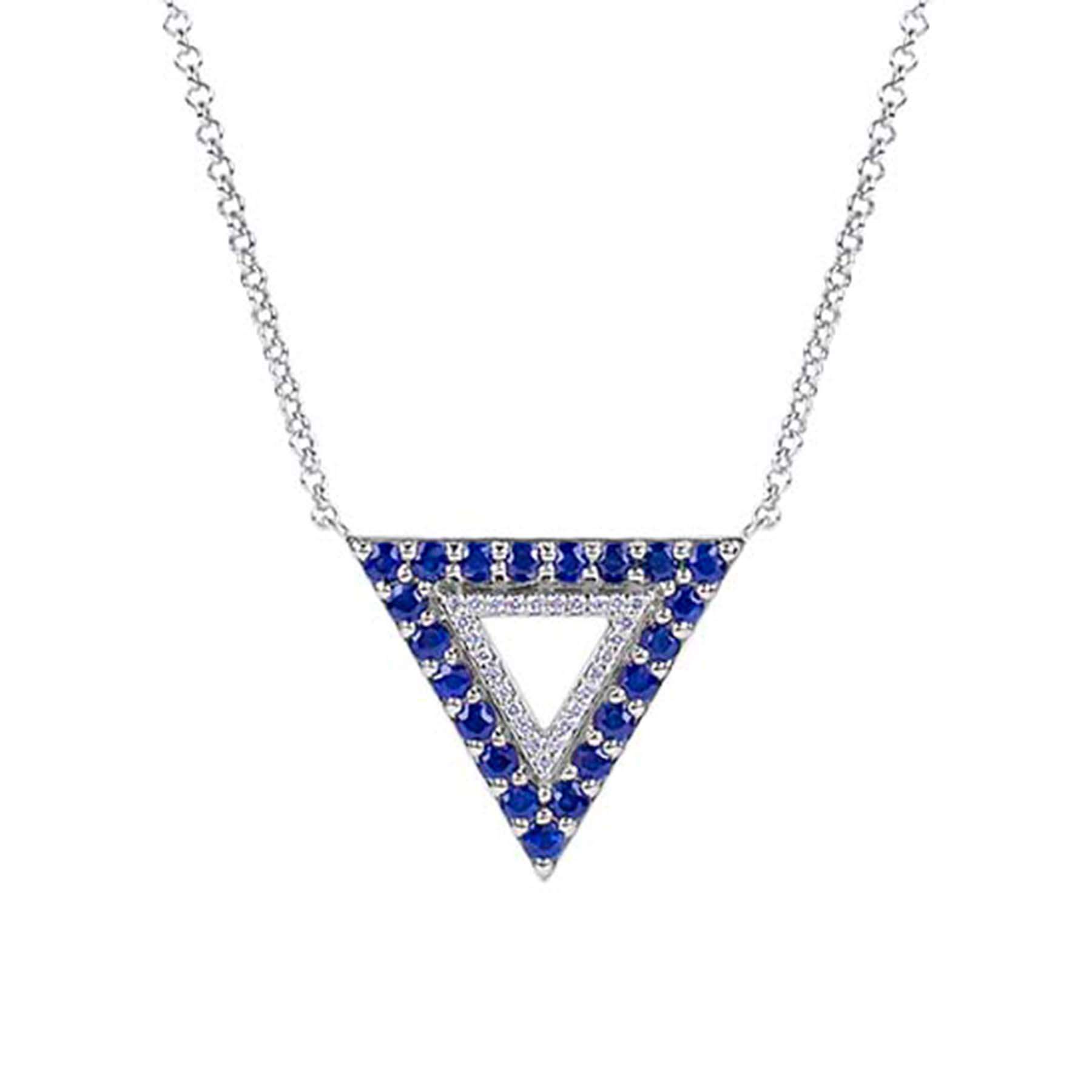 14k White Gold Blue Sapphire VS Diamonds Triangle Pendant Necklace 18"