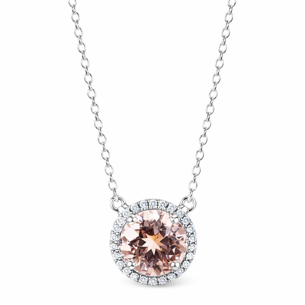 14k White Gold Halo Natural Morganite and Diamonds Necklace