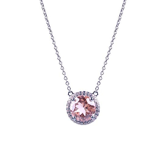 14k White Gold Halo Natural Morganite and Diamonds Necklace