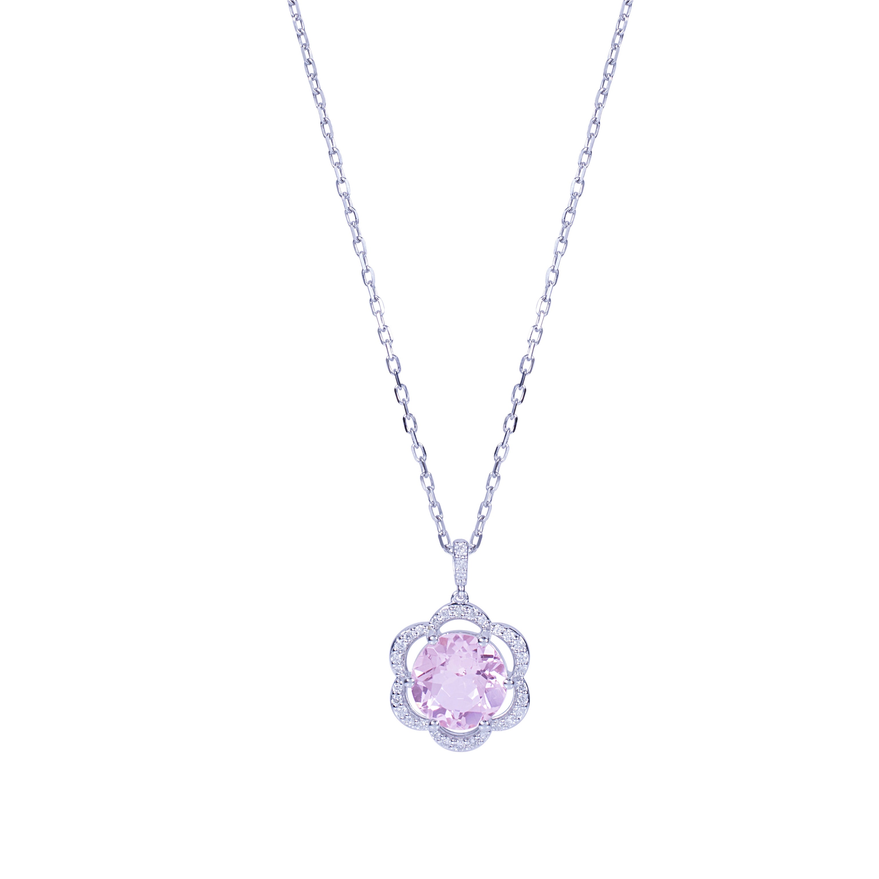 14k White Gold Diamond Morganite Flower Pend Necklace