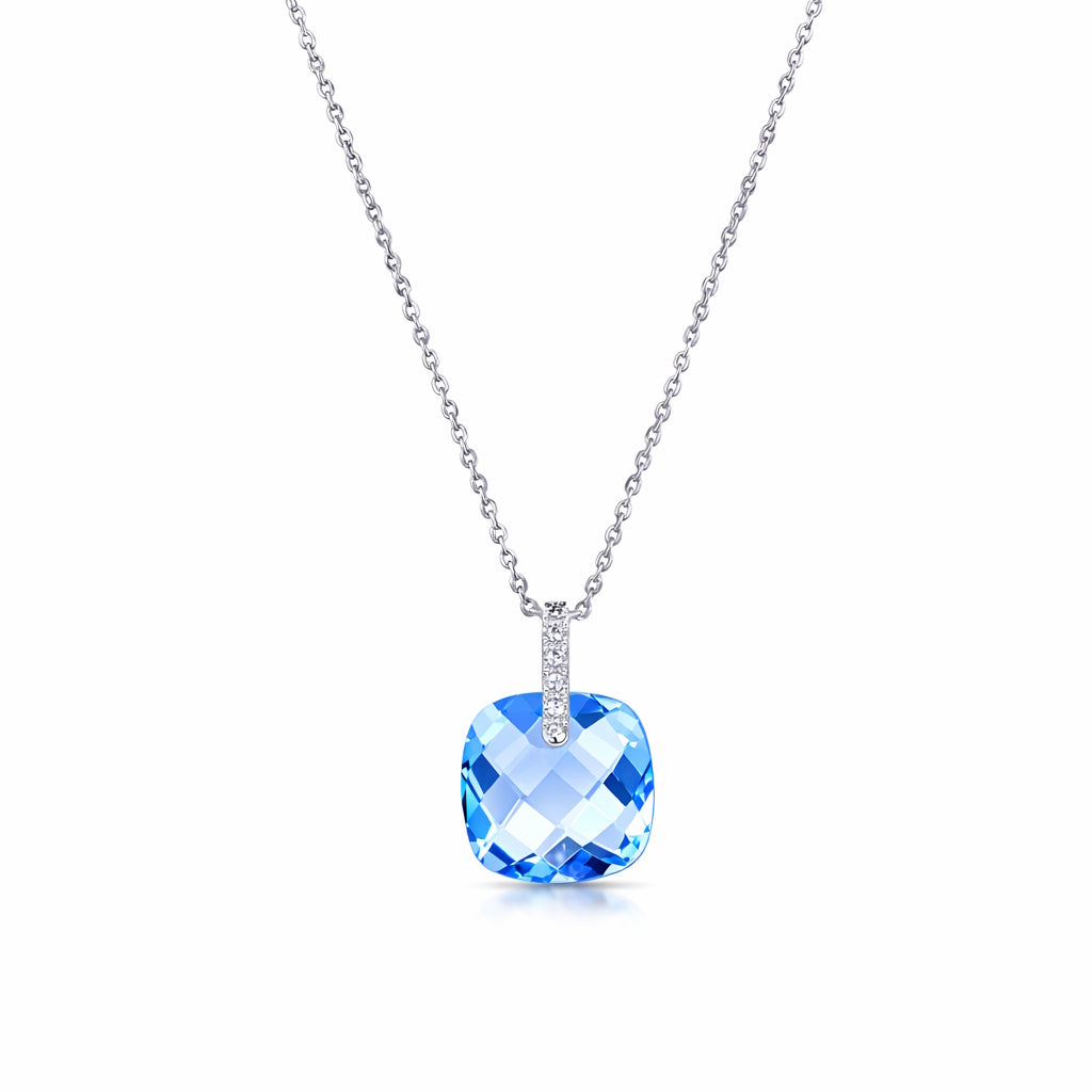 18k White Swiss Blue Topaz Cushion VS1 Diamond Necklace