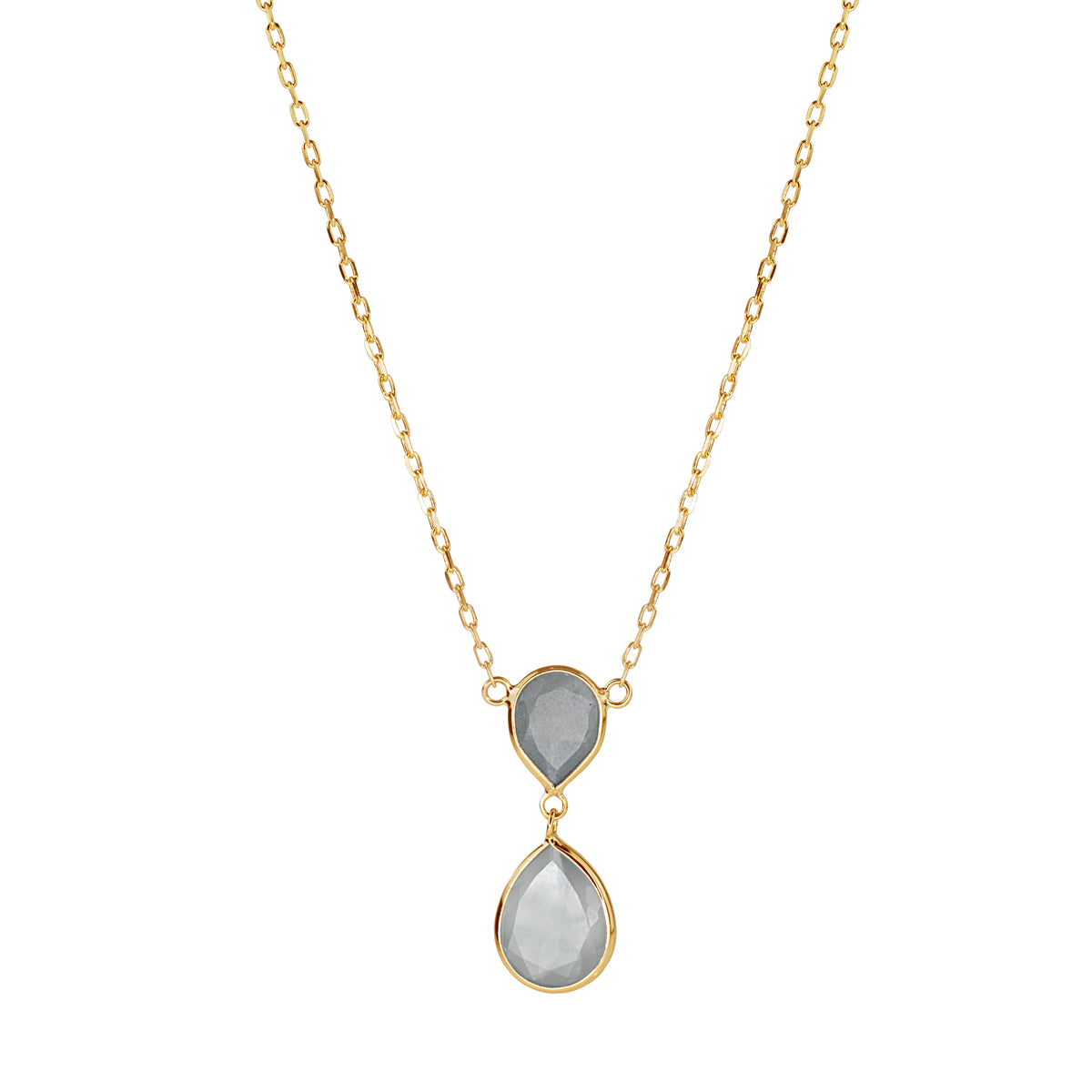 14k Grey Moonstone Double Pear Bezel Pend Necklace