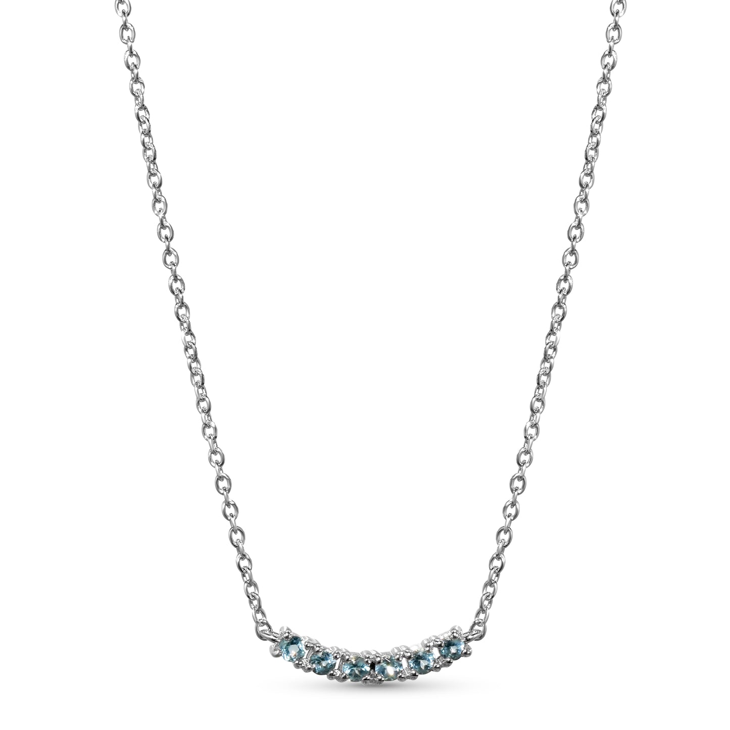 14k White Gold Mini Blue Topaz 6 Stone Small Curved Bar Necklace