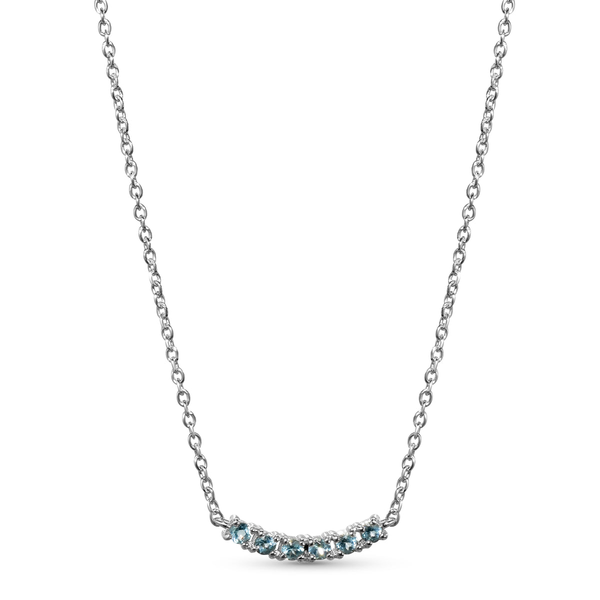 14k White Gold Mini Blue Topaz 6 Stone Small Curved Bar Necklace
