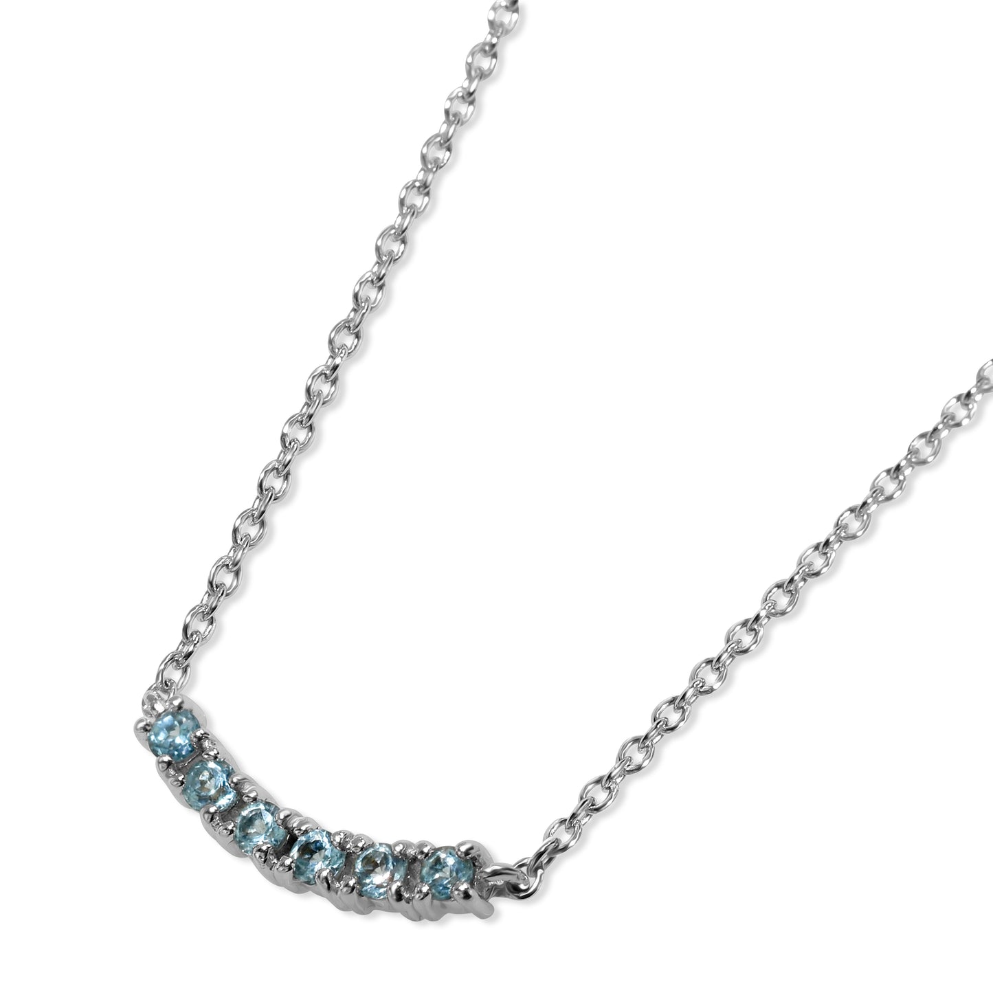 14k White Gold Mini Blue Topaz 6 Stone Small Curved Bar Necklace